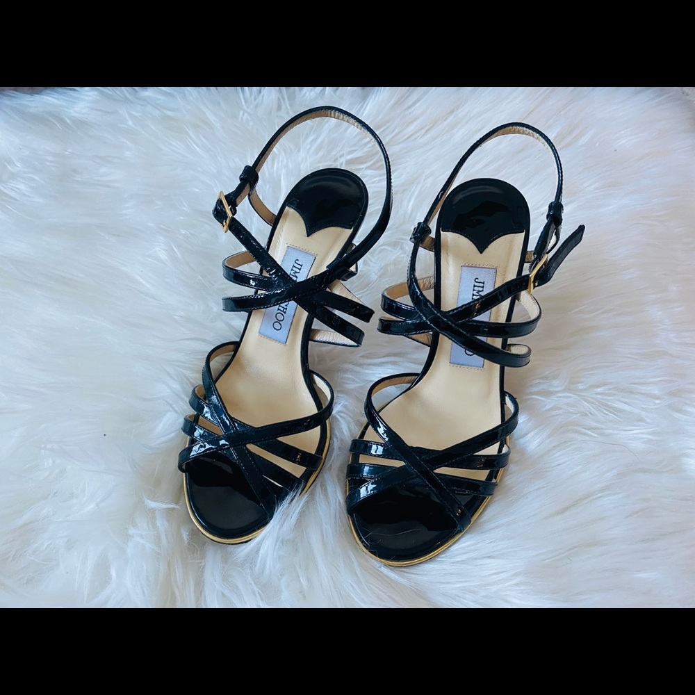 Authentic Jimmy Choo Black Patent Strappy Sandal Heels Size 35.5